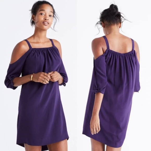 Madewell NWT 100% Silk Purple Cold Shoulder Lined Mini Shift Dress 4 Women’s - Picture 1 of 12